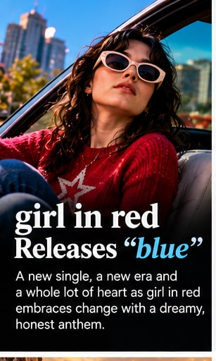Marie Ulven of girl in red reclining in a convertible wearing sunglasses and red star knit sweater against Oslo cityscape.
