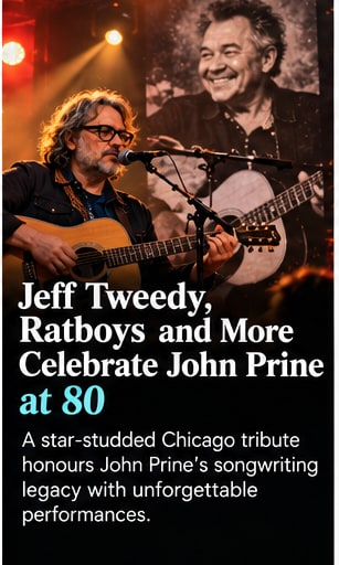 Jeff Tweedy singing and playing acoustic guitar on stage in front of a warm tribute backdrop of John Prine.