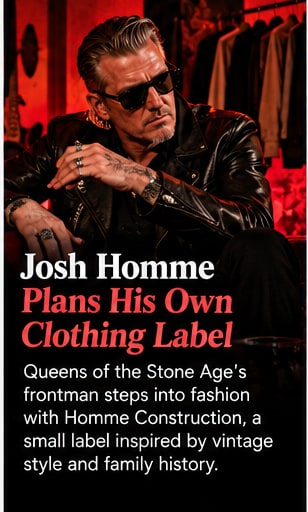 Josh Homme seated in a leather motorcycle jacket and dark sunglasses beside a stylish wardrobe rack.