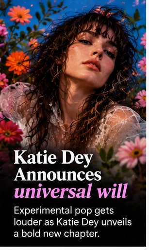 Katie Dey with dark curls surrounded by vibrant pink and orange flowers in an ethereal twilight setting.
