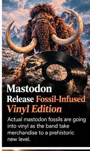 A prehistoric woolly mammoth standing before snowy peaks holding a fossil-infused vinyl record.