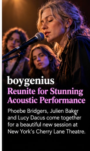 Phoebe Bridgers, Julien Baker, and Lucy Dacus harmonizing intimately into microphones at Cherry Lane Theatre.