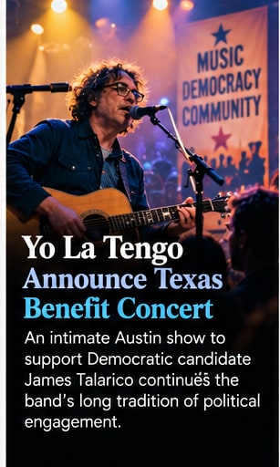 Ira Kaplan performing passionately on acoustic guitar in Austin before a banner reading Music Democracy Community.