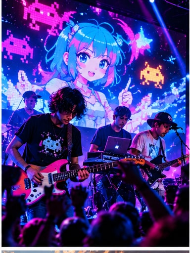 Electronic-rock band Anamanaguchi performing live with synthesizers and guitars in front of a glowing pixel-art video backdrop.