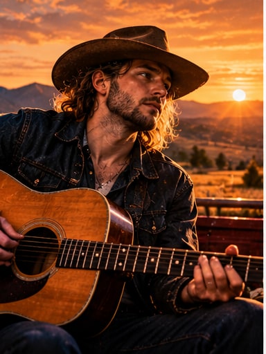 Americana musician Benny Hagerty in a wide-brim cowboy hat and denim jacket playing acoustic guitar during a golden mountain sunset.