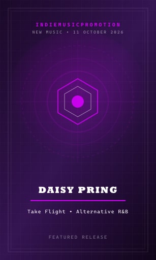 Australian singer-songwriter Daisy Pring posing confidently in a sleek studio space illuminated by violet and magenta ambient glow.
