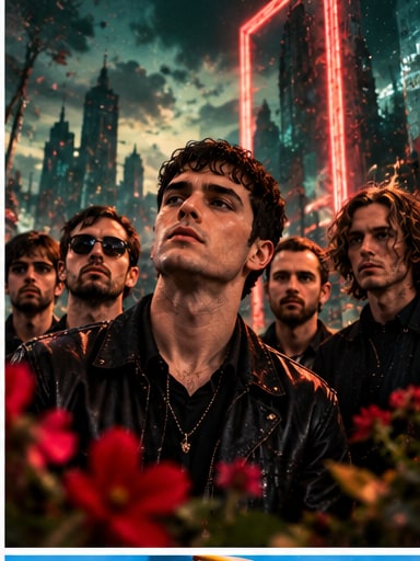 Irish rock band Fontaines D.C. looking upwards in dark leather jackets in front of a moody metropolitan skyline framed by glowing red neon.