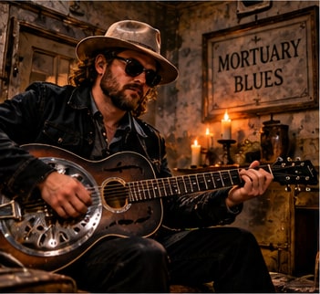 Blues-rock guitarist Adam Sweet in a fedora playing resonator guitar in an atmospheric candlelit Victorian mortuary studio.