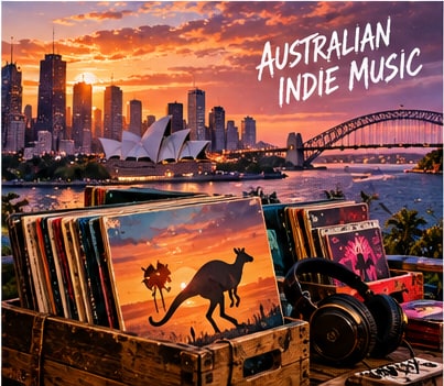 Australian Indie Music crate of vinyl records and headphones overlooking Sydney Harbour and Opera House at dusk.