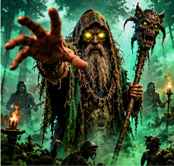 Australian theatrical metal band Battlesnake in mystical swamp robes surrounded by glowing green fog and torches.