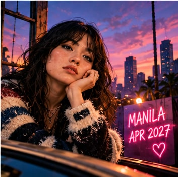 beabadoobee looking out over a neon Manila twilight skyline framed by pink neon concert signage.