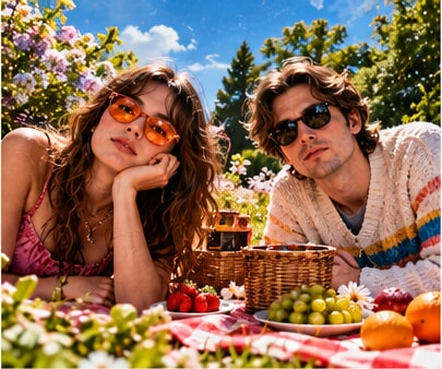 Indie-pop duo Girlhood enjoying a sunlit summer picnic in a blooming wildflower park with fruit and lemonade.