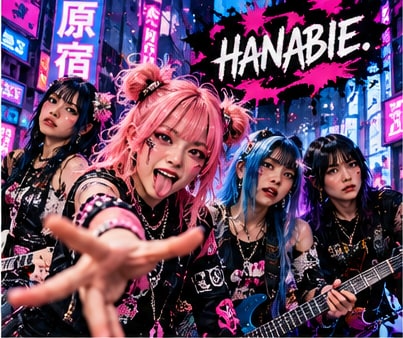 Tokyo metalcore band HANABIE. in colourful Harajuku-core fashion posing energetically in neon-lit streets.
