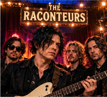 Jack White and The Raconteurs with electric guitars beneath an illuminated marquee sign in Nashville.