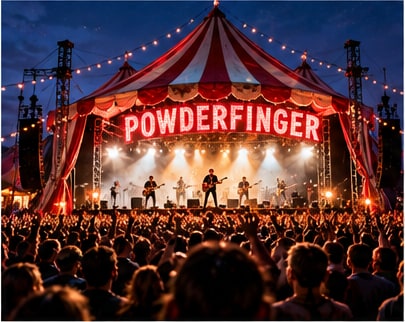 Australian rock band Powderfinger performing on a festival stage beneath an illuminated giant red and white circus big top.