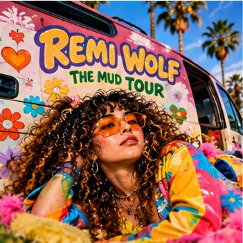Remi Wolf in vibrant sunglasses and retro floral attire leaning against The Mud Tour tour van.