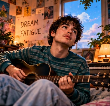 Alexander O'Connor playing acoustic guitar in a cozy sunlit bedroom with Dream Fatigue poster on the wall.