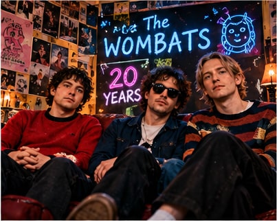 Liverpool indie-rock trio The Wombats sitting on a vintage couch in front of a glowing neon 20 Years sign.