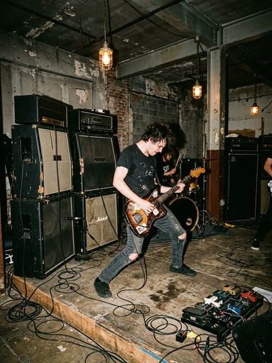 American Motors playing raw noise rock on electric guitar in front of amplifier stacks in a warm warehouse rehearsal space.