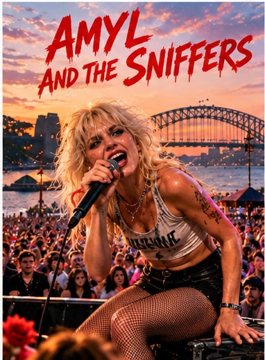 Amy Taylor of Amyl and the Sniffers commanding an outdoor stage against Sydney Harbour at golden hour.