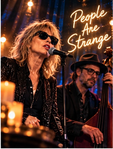Chrissie Hynde in sunglasses and sequin jacket singing alongside Björn Yttling with upright bass under People Are Strange neon.