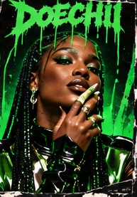 Doechii striking a fierce pose in metallic green styling under dripping neon green slime typography.