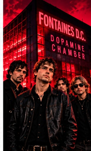 Irish alternative-rock band Fontaines D.C. in dark coats standing outside an illuminated red building for Dopamine Chamber.