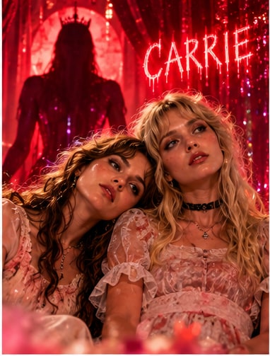 Alternative-pop duo Haute & Freddy in vintage prom dresses framed by a dramatic glowing red Carrie backdrop.