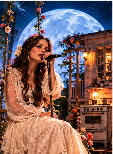 Lana Del Rey performing in a white lace dress in front of a giant moon projection, porch cottage, and vintage stove.