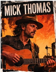 Australian singer-songwriter Mick Thomas playing acoustic guitar in a wide-brim hat under warm golden light.