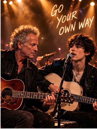 Lindsey Buckingham and Sombr singing and playing acoustic guitars together on stage under golden arena lights.