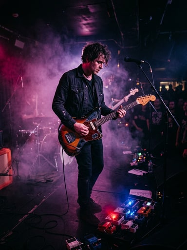 Seattle alternative-rock band Spiral XP performing with offset guitars amidst swirling magenta and blue stage lighting.