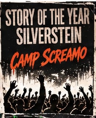 Concert crowd raising hands in silhouette under Camp Screamo tour poster featuring Story of the Year and Silverstein.