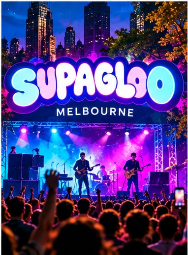 Young indie band performing on stage at SUPAGLOO Melbourne beneath glowing stage lighting and city skyline.