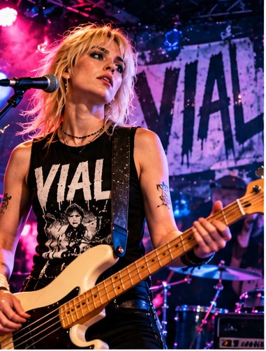 Taylor Kraemer singing and playing bass guitar on stage with Minneapolis punk band VIAL under pink stage lights.
