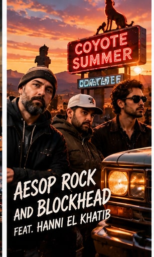 Aesop Rock and Blockhead standing near a pickup truck beside a glowing Coyote Summer motel neon sign at dusk.