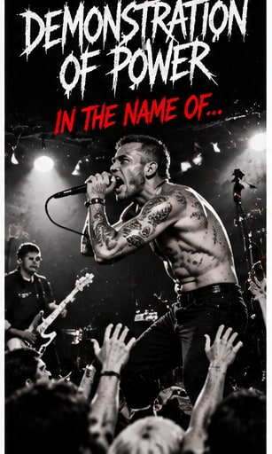 Frontman Shaun Alexander of Scottish hardcore band Demonstration of Power performing aggressively above a roaring crowd.