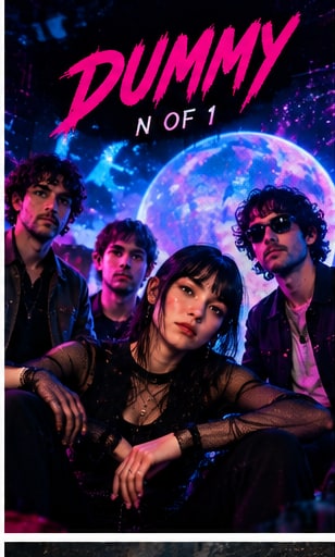 Los Angeles experimental-rock band Dummy glowing under neon pink and blue lighting for N of 1.