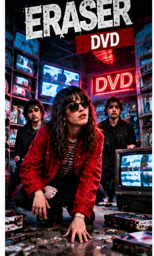 Philadelphia punk band Eraser crouching amidst vintage CRT televisions and VHS cassettes under a red DVD sign.