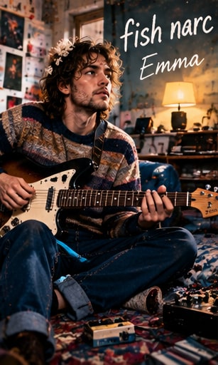 Musician and producer fish narc playing electric guitar while seated on a rug in a sunlit bedroom studio.