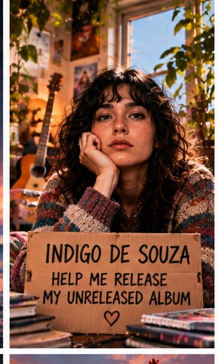 Indigo de Souza holding a cardboard sign asking for help to release her unreleased album.
