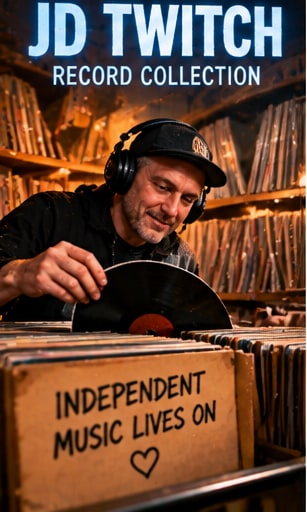 DJ with headphones crate-digging through vinyl records inside World of Echo record shop.