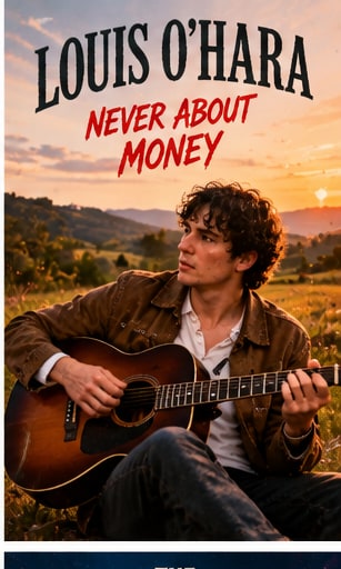 Welsh singer-songwriter Louis O'Hara playing acoustic guitar outdoors during a golden sunset.