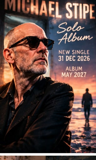 Michael Stipe wearing sunglasses and dark jacket with text announcing his solo album release plans.