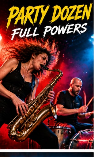 Sydney experimental duo Party Dozen performing intensely with tenor saxophone and drums under fiery stage lighting.