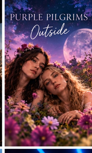 New Zealand dream-pop duo Purple Pilgrims resting in a field of purple wildflowers beneath a full moon.