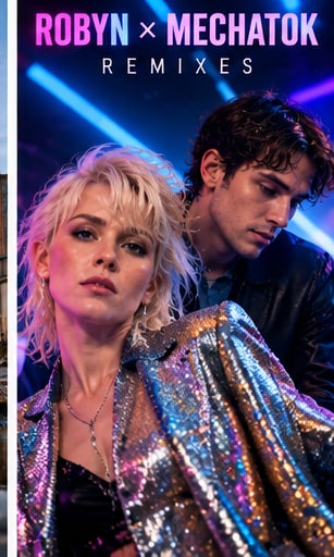 Swedish pop innovator Robyn and German electronic producer Mechatok under vibrant neon lights.