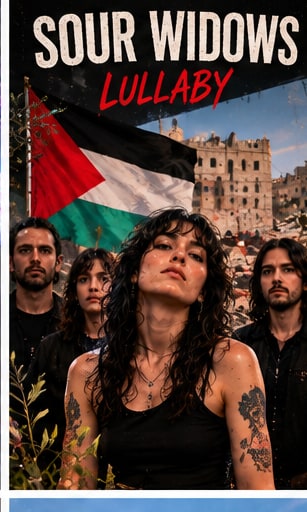 Bay Area band Sour Widows standing together outdoors with the Palestinian flag behind them for their single Lullaby.