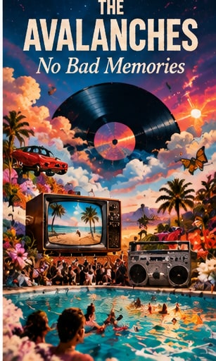 Surreal retro pop-art collage with a giant vinyl record, swimming pool, boombox, and CRT television for The Avalanches' No Bad Memories.