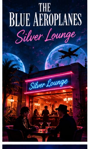 The Blue Aeroplanes Silver Lounge dockside neon bar under surreal sci-fi night skies with twin moons.